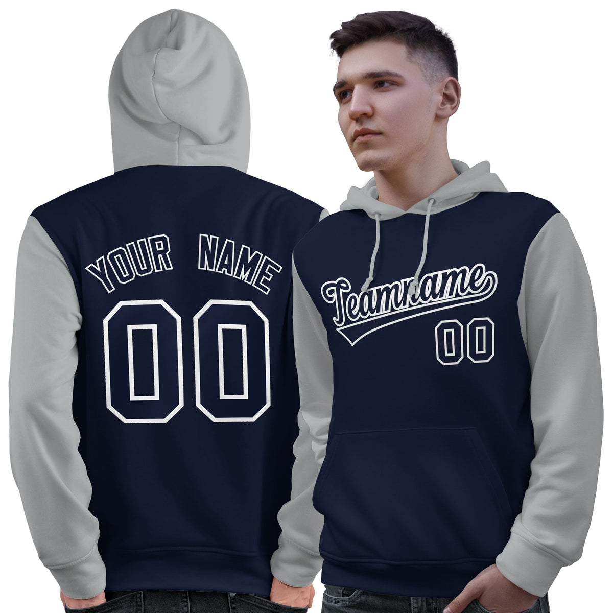Custom Navy White-Gray Raglan Sleeves Pullover Personalized Sweatshirt Hoodie| KXKSHOP