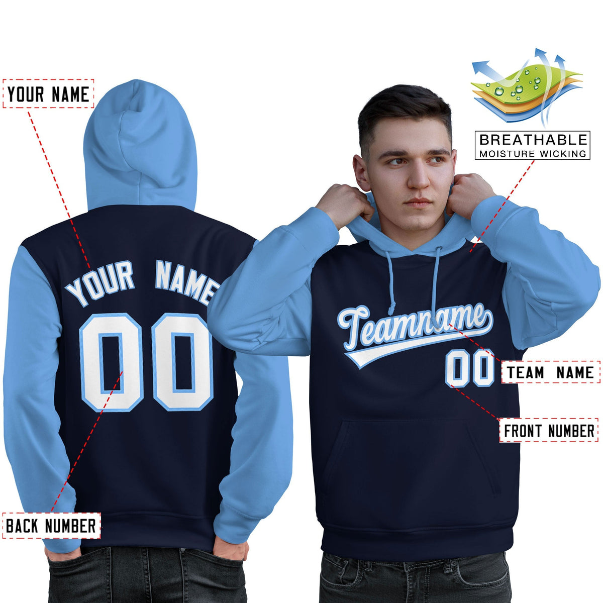 Custom Navy White-Light Blue Raglan Sleeves Pullover Personalized Sweatshirt Hoodie| KXKSHOP