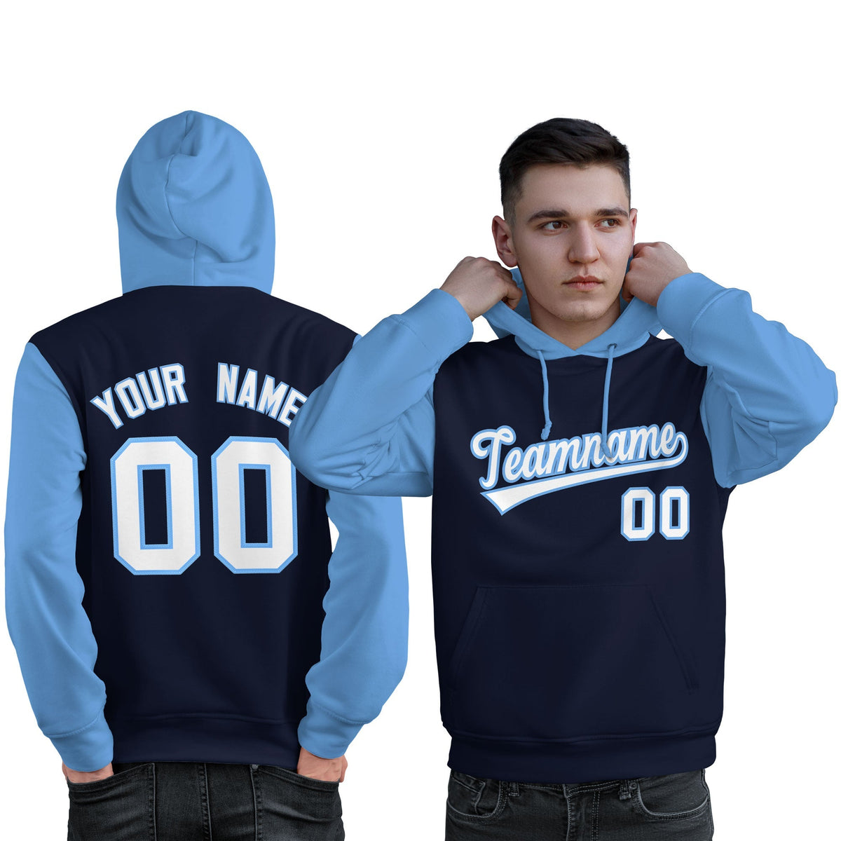 Custom Navy White-Light Blue Raglan Sleeves Pullover Personalized Sweatshirt Hoodie| KXKSHOP
