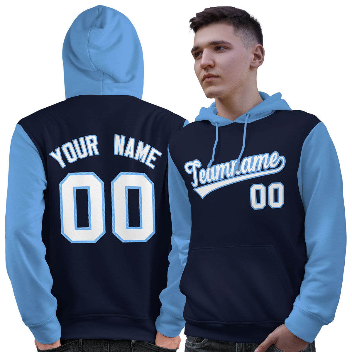 Custom Navy White-Light Blue Raglan Sleeves Pullover Personalized Sweatshirt Hoodie| KXKSHOP