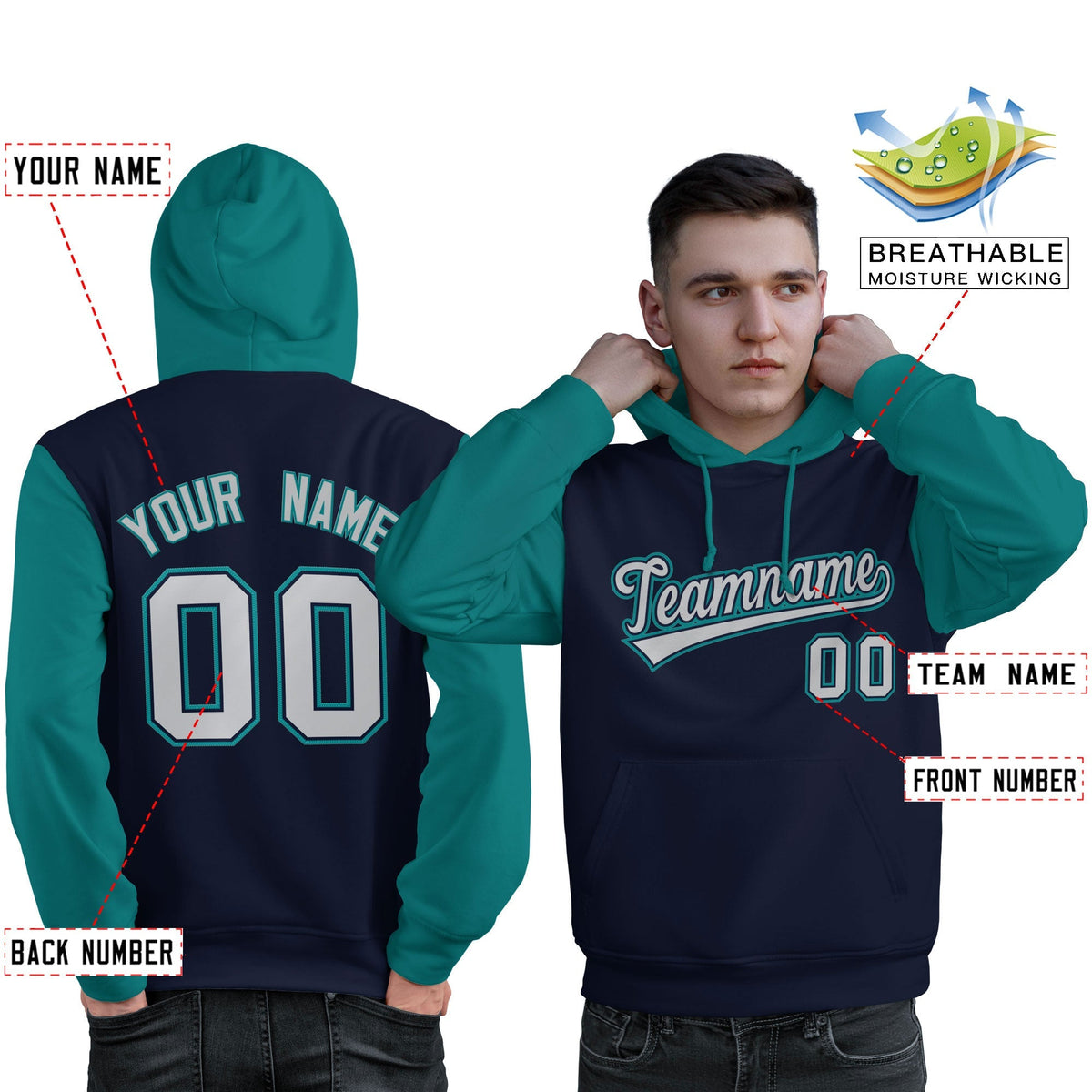 Custom Navy Gray-Aqua Raglan Sleeves Pullover Personalized Sweatshirt Hoodie| KXKSHOP