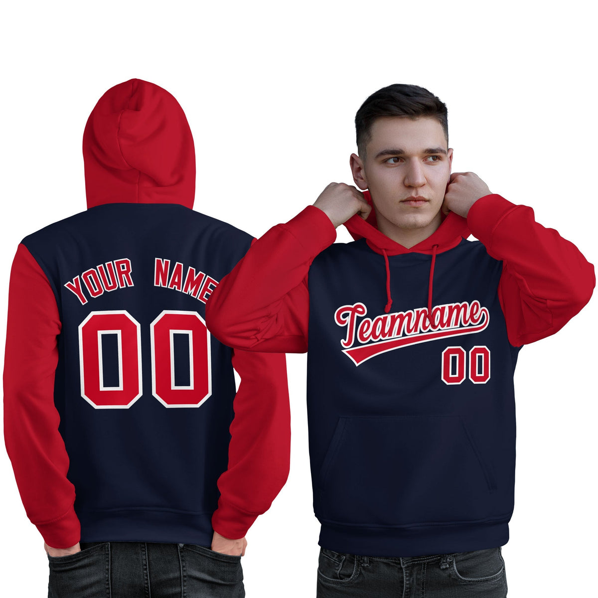 Custom Navy Red-White Raglan Sleeves Pullover Personalized Sweatshirt Hoodie| KXKSHOP