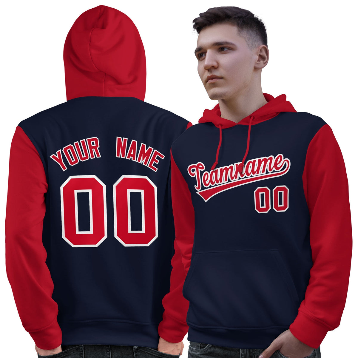 Custom Navy Red-White Raglan Sleeves Pullover Personalized Sweatshirt Hoodie| KXKSHOP