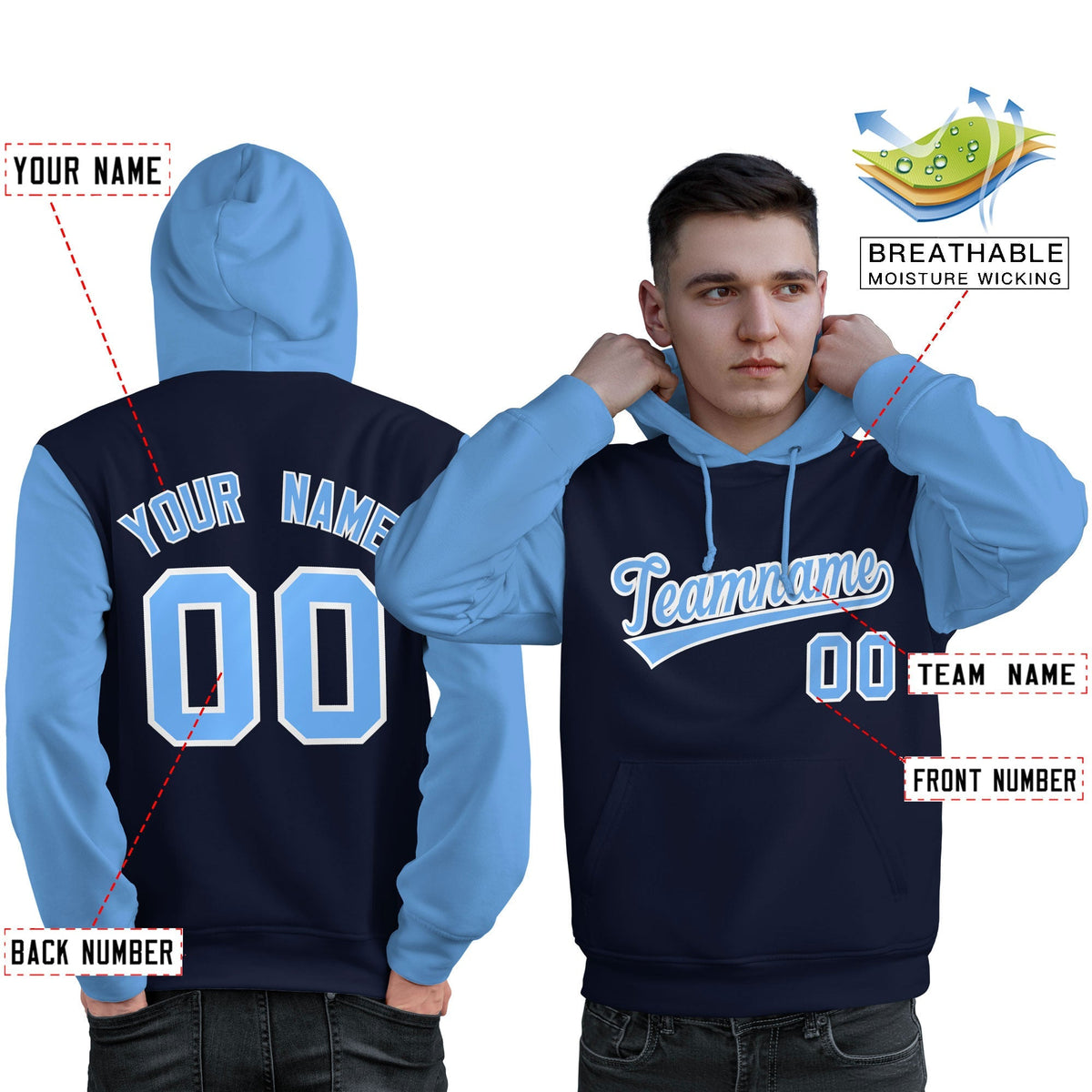 Custom Navy Lt Blue-White Raglan Sleeves Pullover Personalized Sweatshirt Hoodie| KXKSHOP