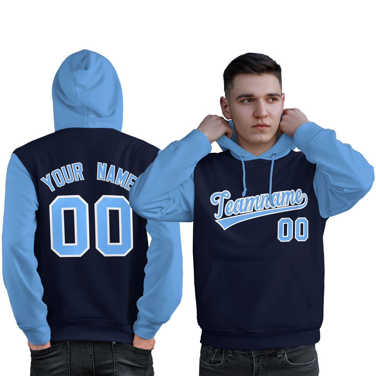 Custom Navy Lt Blue-White Raglan Sleeves Pullover Personalized Sweatshirt Hoodie| KXKSHOP