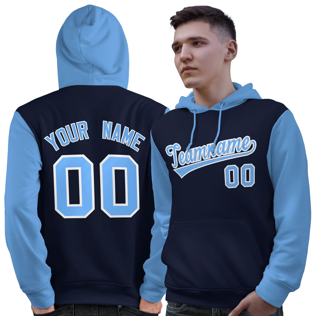 Custom Navy Lt Blue-White Raglan Sleeves Pullover Personalized Sweatshirt Hoodie| KXKSHOP