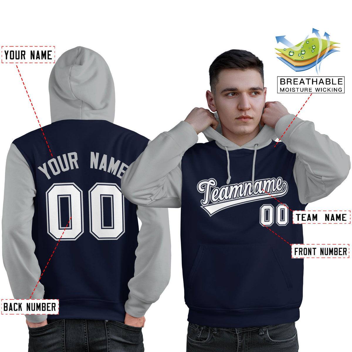 Custom Navy White-Gray Raglan Sleeves Pullover Personalized Sweatshirt Hoodie| KXKSHOP