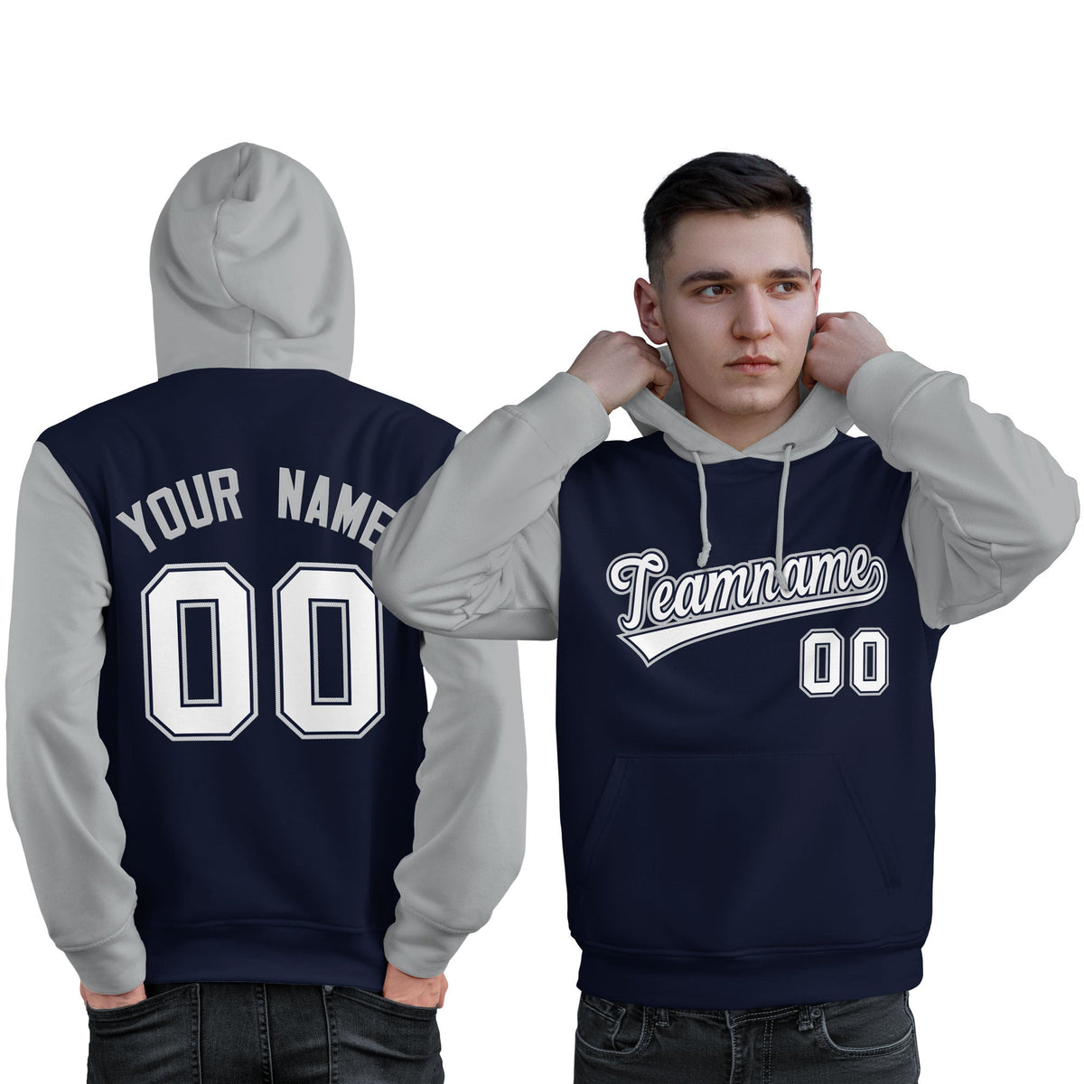 Custom Navy White-Gray Raglan Sleeves Pullover Personalized Sweatshirt Hoodie| KXKSHOP