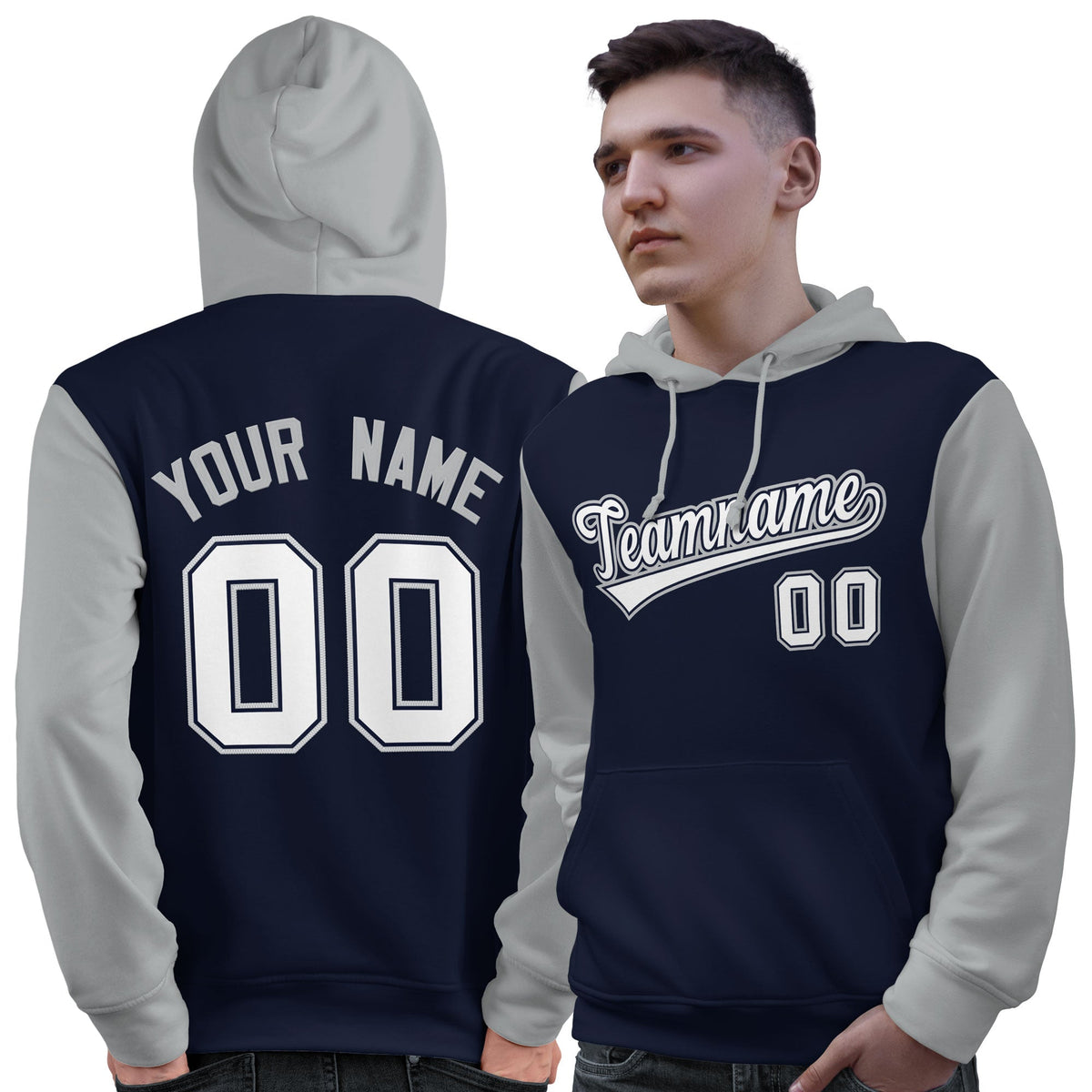 Custom Navy White-Gray Raglan Sleeves Pullover Personalized Sweatshirt Hoodie| KXKSHOP