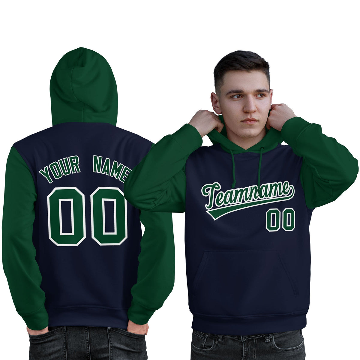 Custom Navy Green-White Raglan Sleeves Pullover Personalized Sweatshirt Hoodie| KXKSHOP