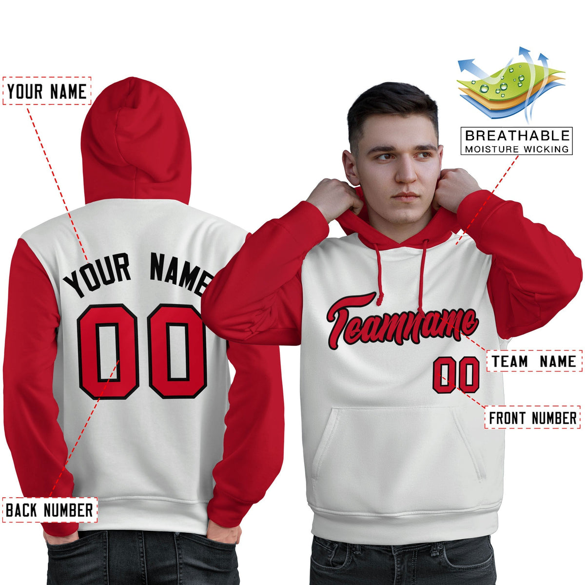 Custom White Red-Black Raglan Sleeves Pullover Personalized Sweatshirt Hoodie| KXKSHOP