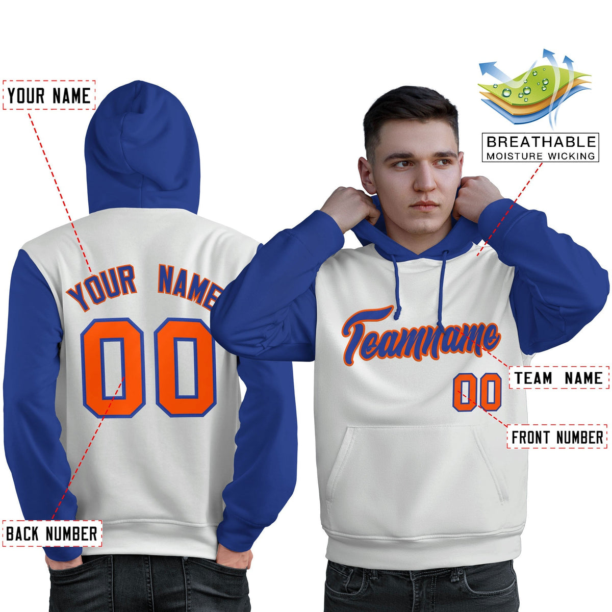 Custom White Royal-Orange Raglan Sleeves Pullover Personalized Sweatshirt Hoodie| KXKSHOP