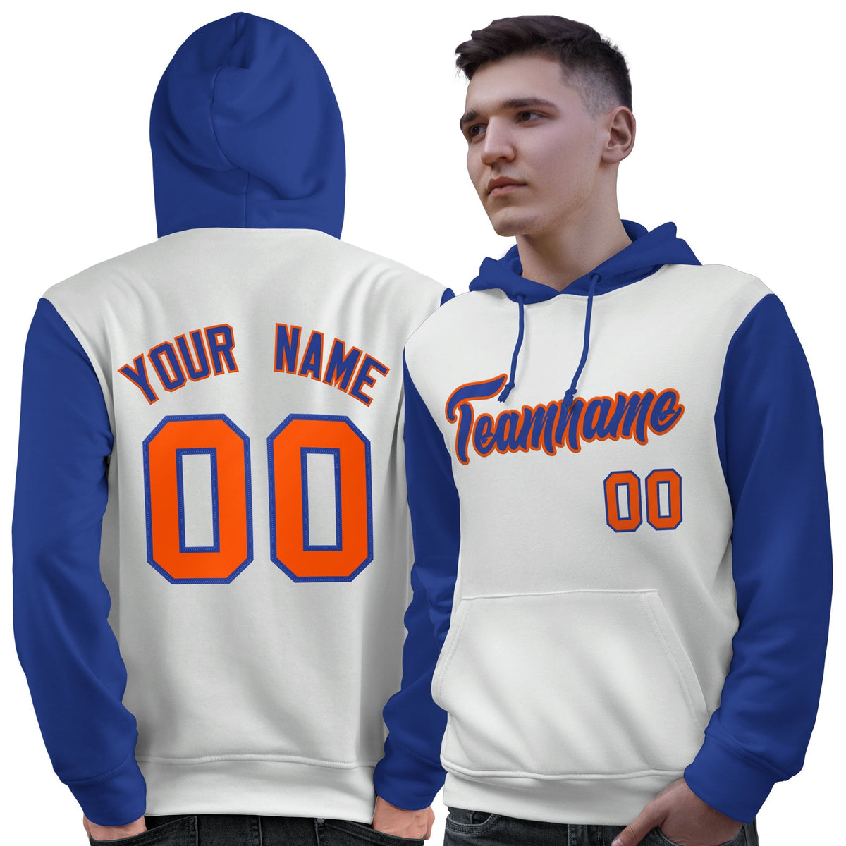 Custom White Royal-Orange Raglan Sleeves Pullover Personalized Sweatshirt Hoodie| KXKSHOP