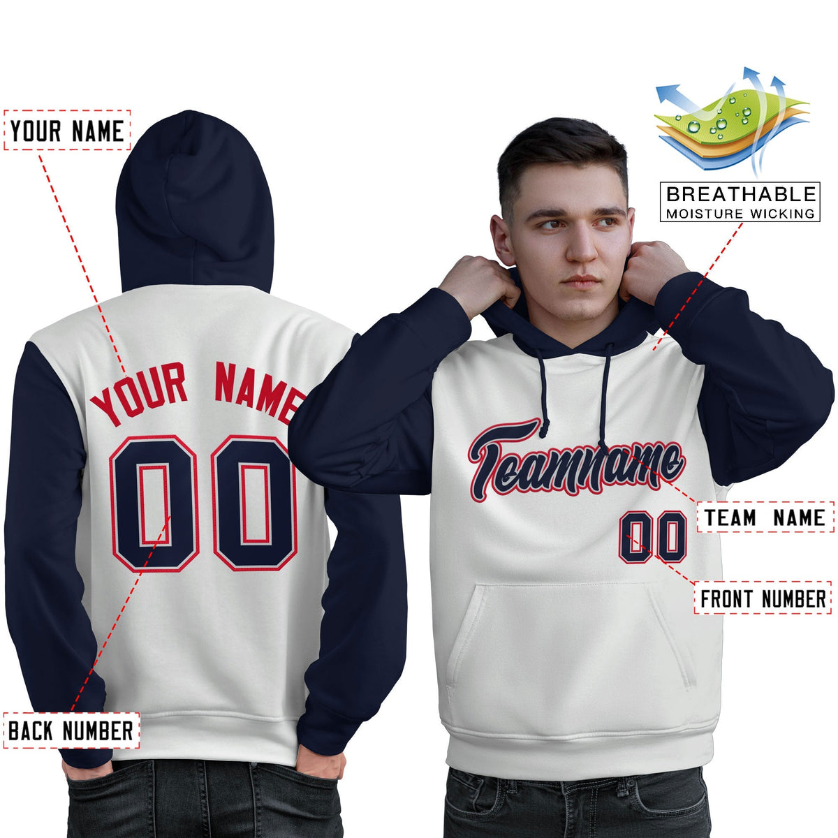 Custom White Navy-Red Raglan Sleeves Pullover Personalized Sweatshirt Hoodie| KXKSHOP
