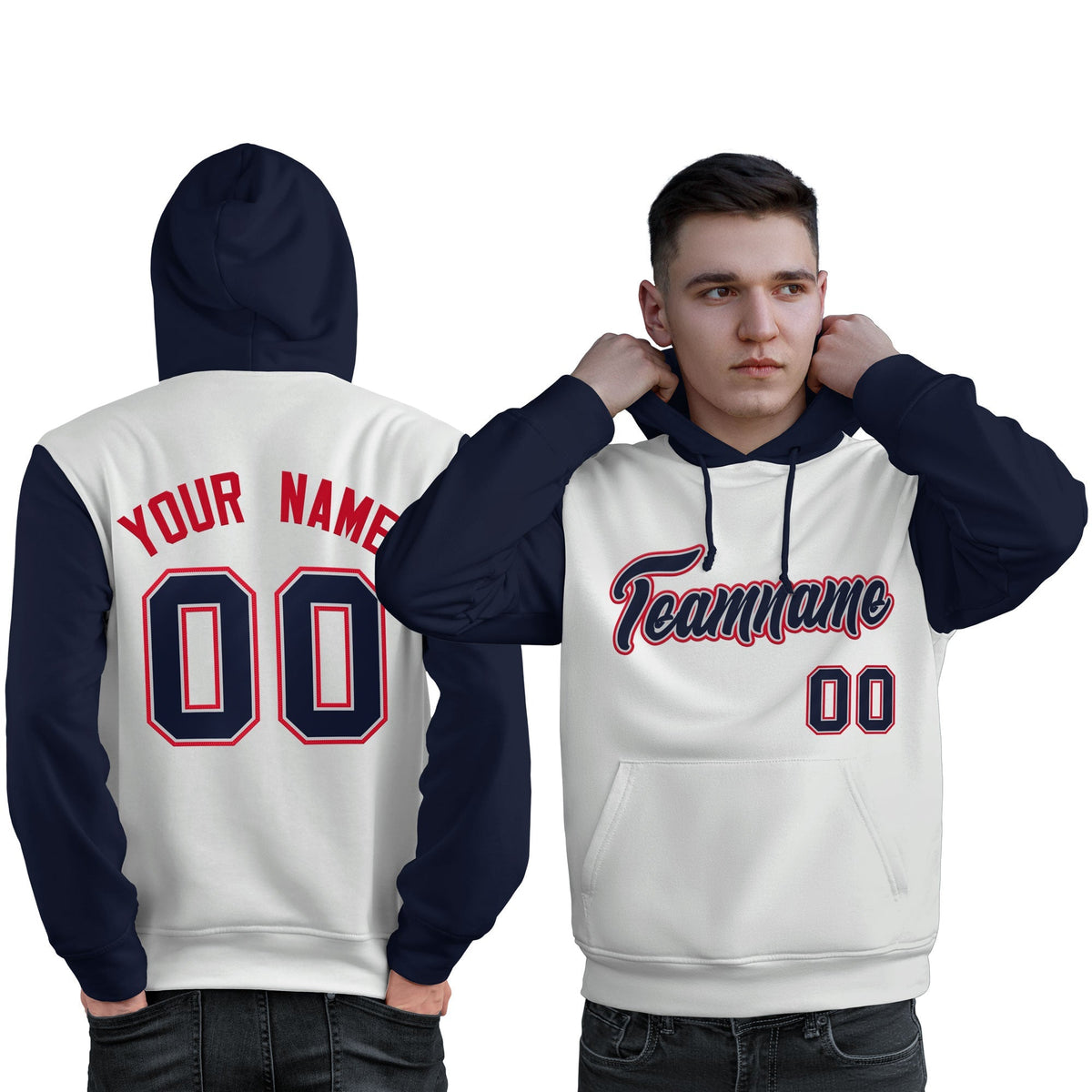 Custom White Navy-Red Raglan Sleeves Pullover Personalized Sweatshirt Hoodie| KXKSHOP