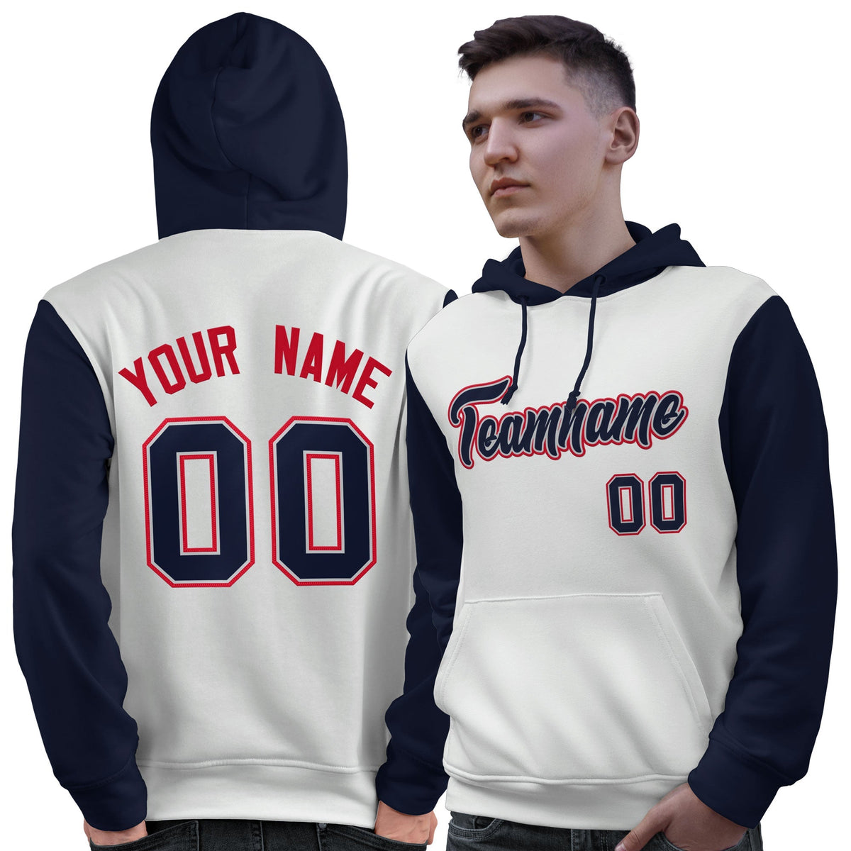 Custom White Navy-Red Raglan Sleeves Pullover Personalized Sweatshirt Hoodie| KXKSHOP