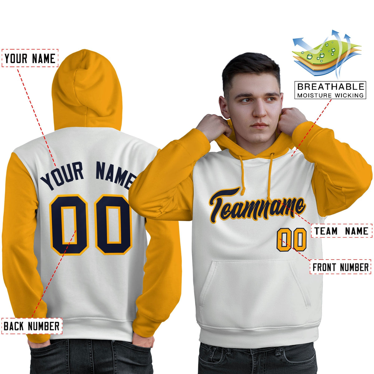 Custom White Navy-Gold Raglan Sleeves Pullover Personalized Sweatshirt Hoodie| KXKSHOP