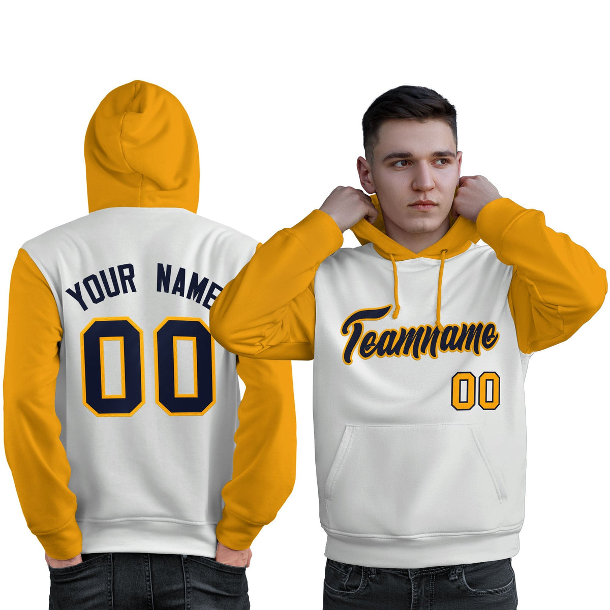 Custom White Navy-Gold Raglan Sleeves Pullover Personalized Sweatshirt Hoodie| KXKSHOP
