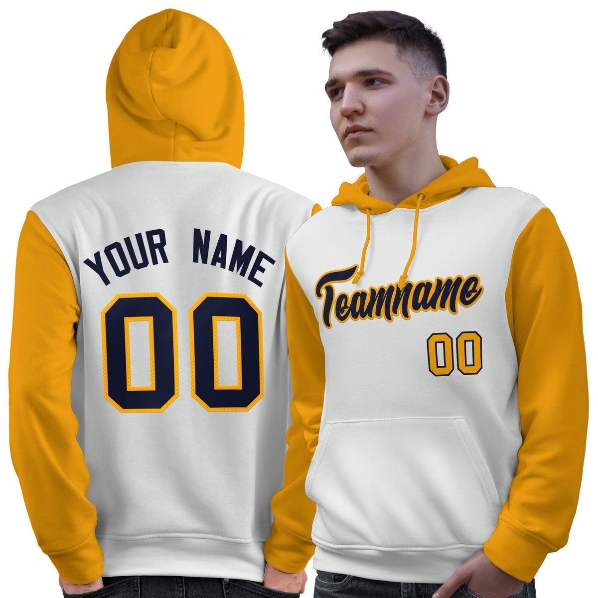 Custom White Navy-Gold Raglan Sleeves Pullover Personalized Sweatshirt Hoodie| KXKSHOP
