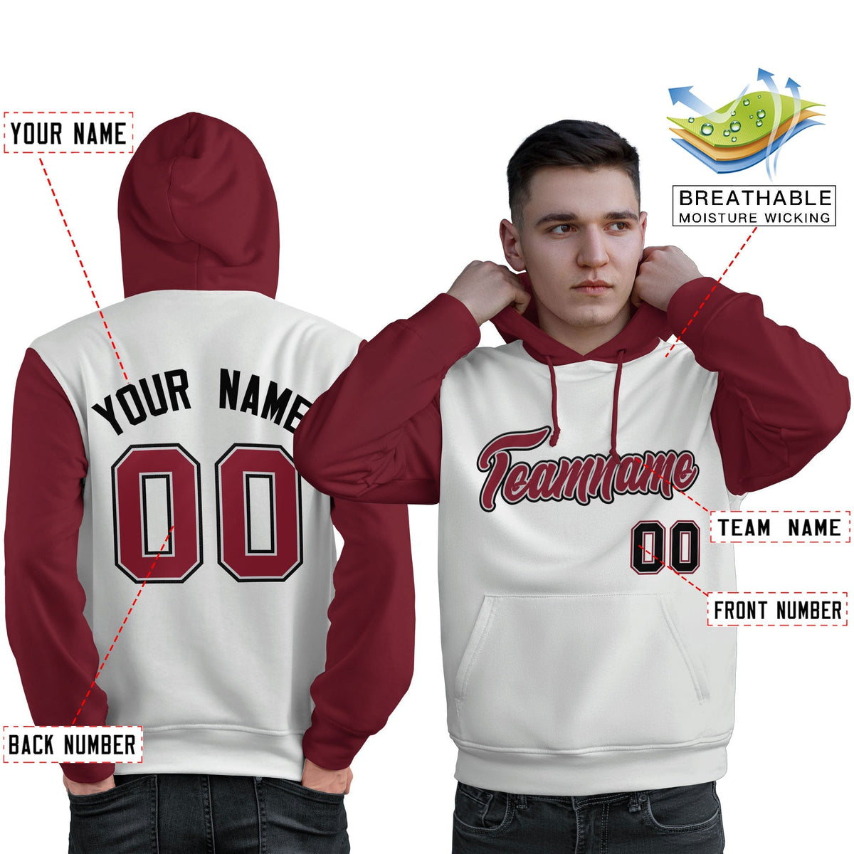 Custom White Crimson-Black Raglan Sleeves Pullover Personalized Sweatshirt Hoodie| KXKSHOP
