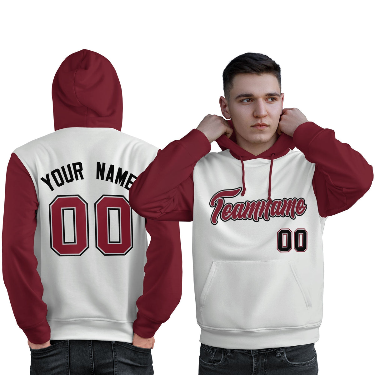 Custom White Crimson-Black Raglan Sleeves Pullover Personalized Sweatshirt Hoodie| KXKSHOP