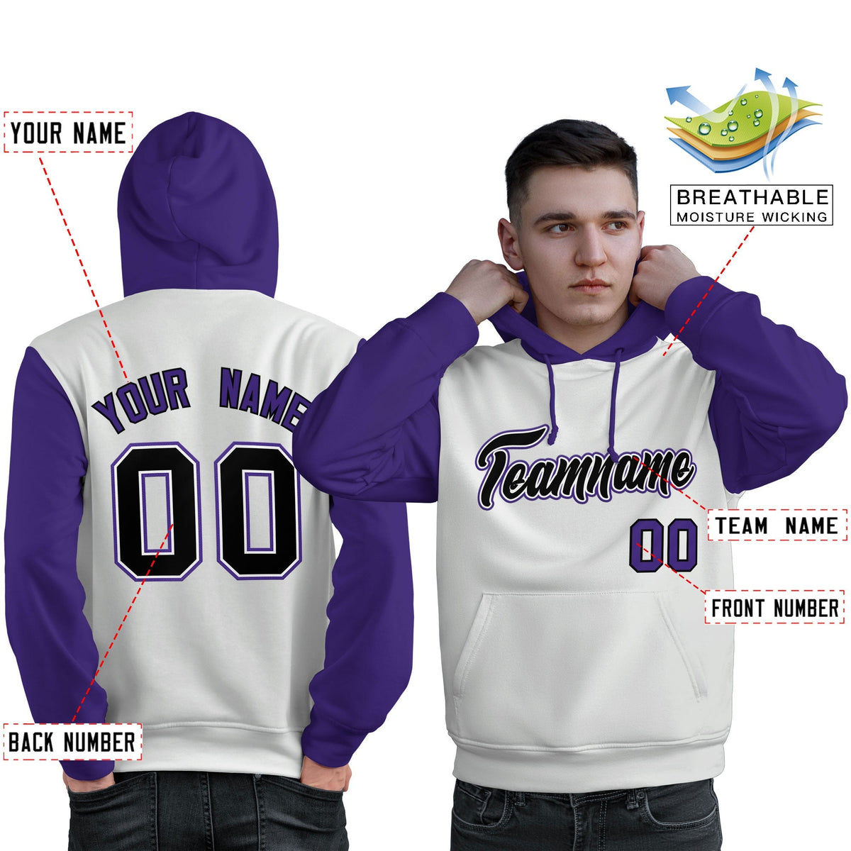 Custom White Black-Purple Raglan Sleeves Pullover Personalized Sweatshirt Hoodie| KXKSHOP