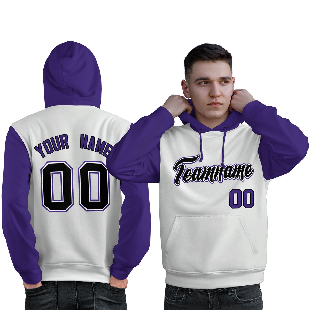 Custom White Black-Purple Raglan Sleeves Pullover Personalized Sweatshirt Hoodie| KXKSHOP