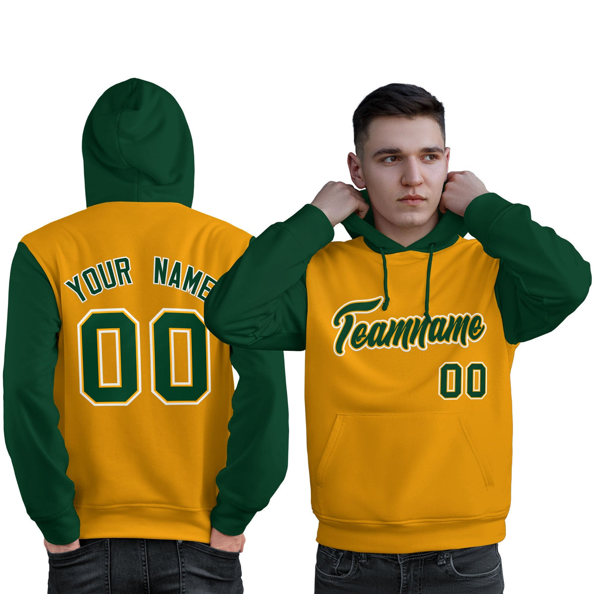 Custom Gold Green-White Raglan Sleeves Pullover Personalized Sweatshirt Hoodie| KXKSHOP