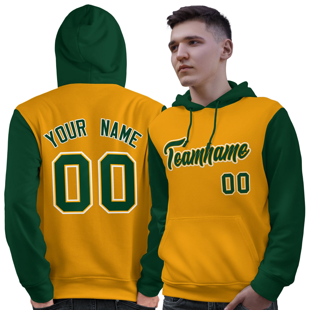 Custom Gold Green-White Raglan Sleeves Pullover Personalized Sweatshirt Hoodie| KXKSHOP