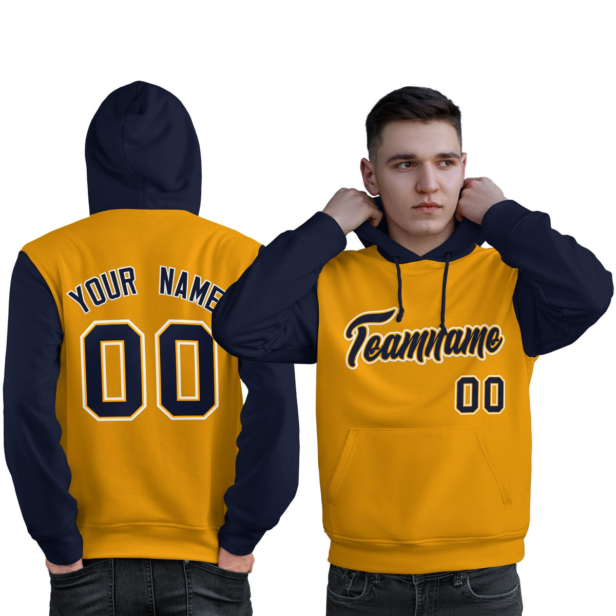 Custom Gold Navy-White Raglan Sleeves Pullover Personalized Sweatshirt Hoodie| KXKSHOP