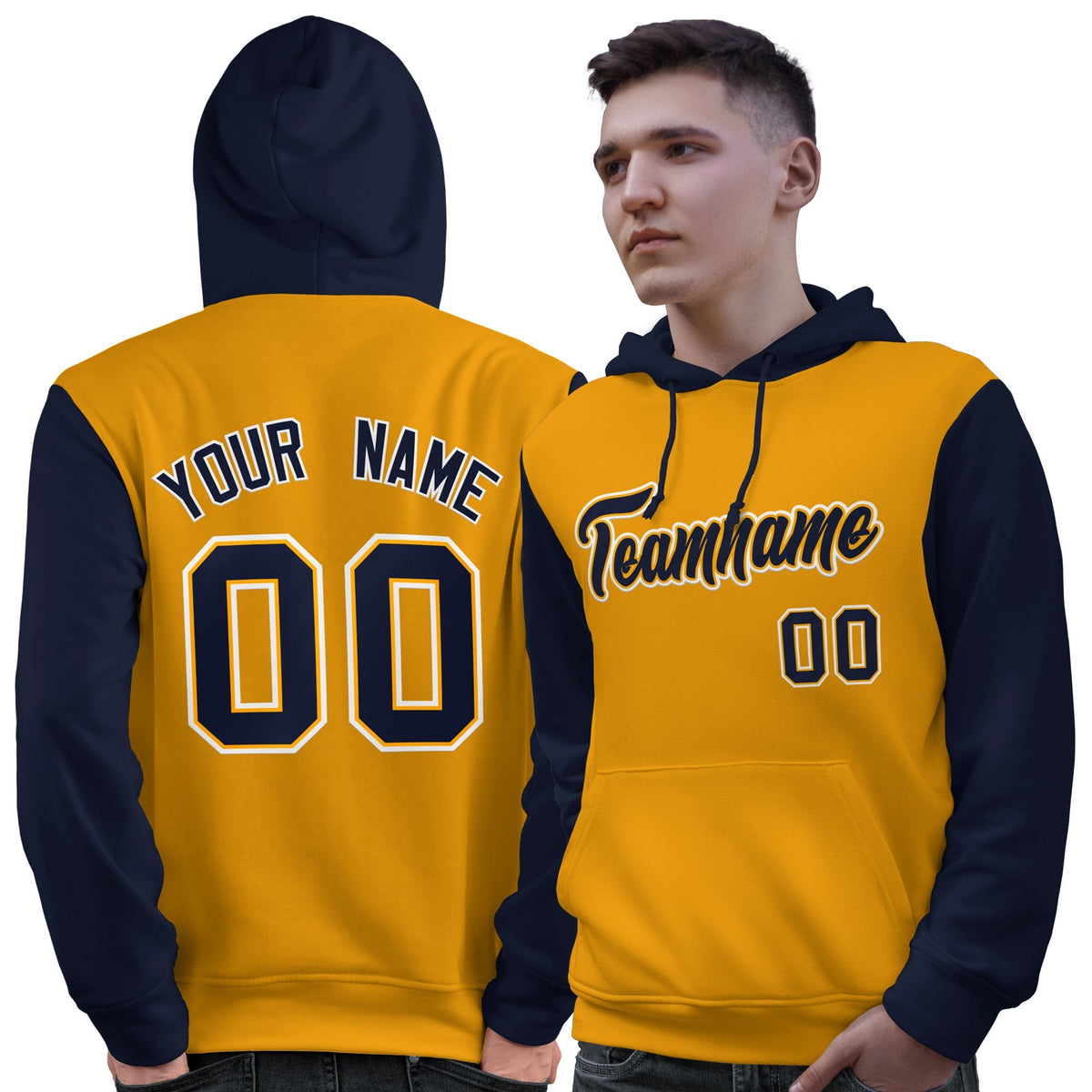 Custom Gold Navy-White Raglan Sleeves Pullover Personalized Sweatshirt Hoodie| KXKSHOP
