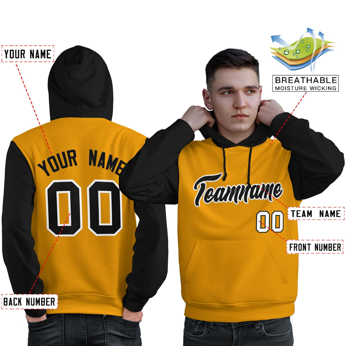 Custom Gold Black-White Raglan Sleeves Pullover Personalized Sweatshirt Hoodie| KXKSHOP