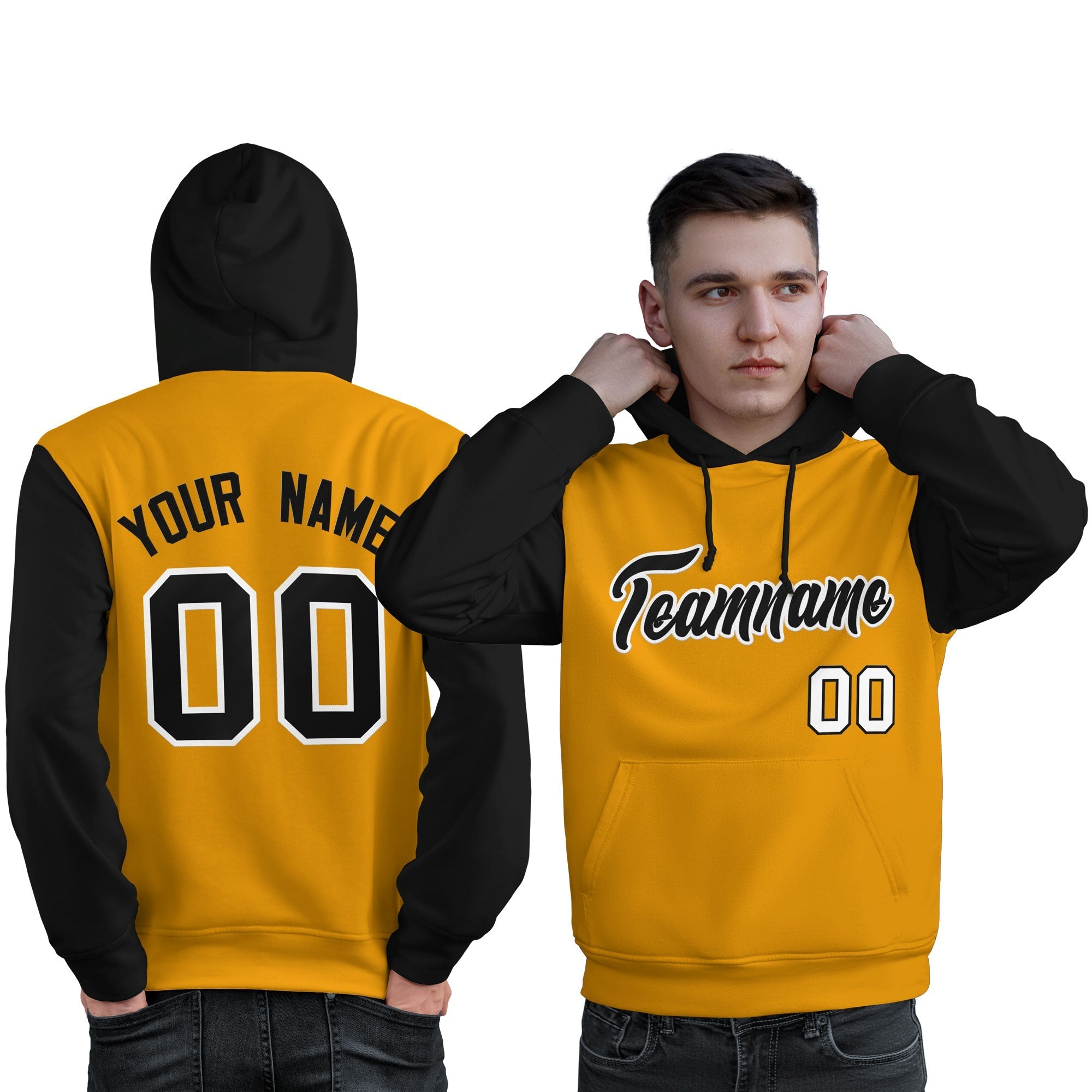 Custom Gold Black-White Raglan Sleeves Pullover Personalized Sweatshirt Hoodie| KXKSHOP