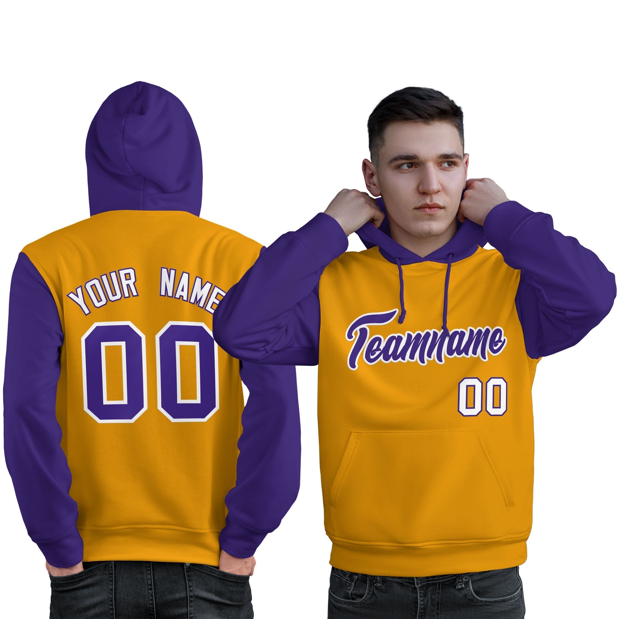 Custom Gold Purple-White Raglan Sleeves Pullover Personalized Sweatshirt Hoodie| KXKSHOP