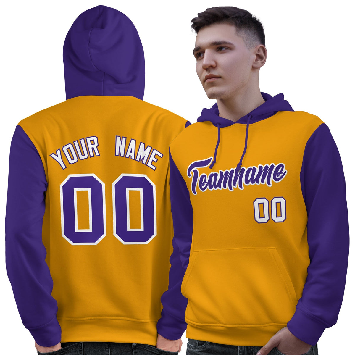Custom Gold Purple-White Raglan Sleeves Pullover Personalized Sweatshirt Hoodie| KXKSHOP