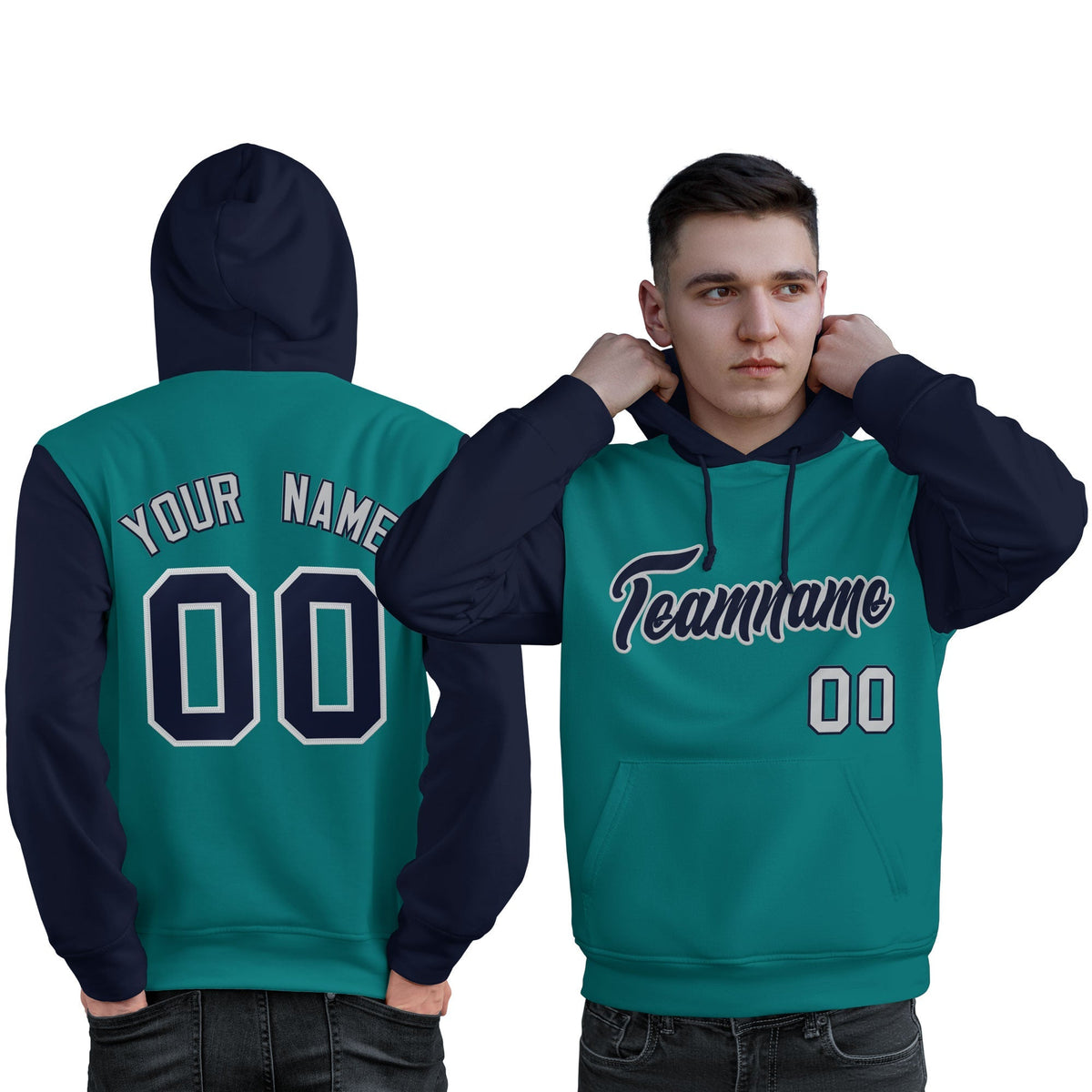 Custom Aqua Navy-Gray Raglan Sleeves Pullover Personalized Sweatshirt Hoodie| KXKSHOP