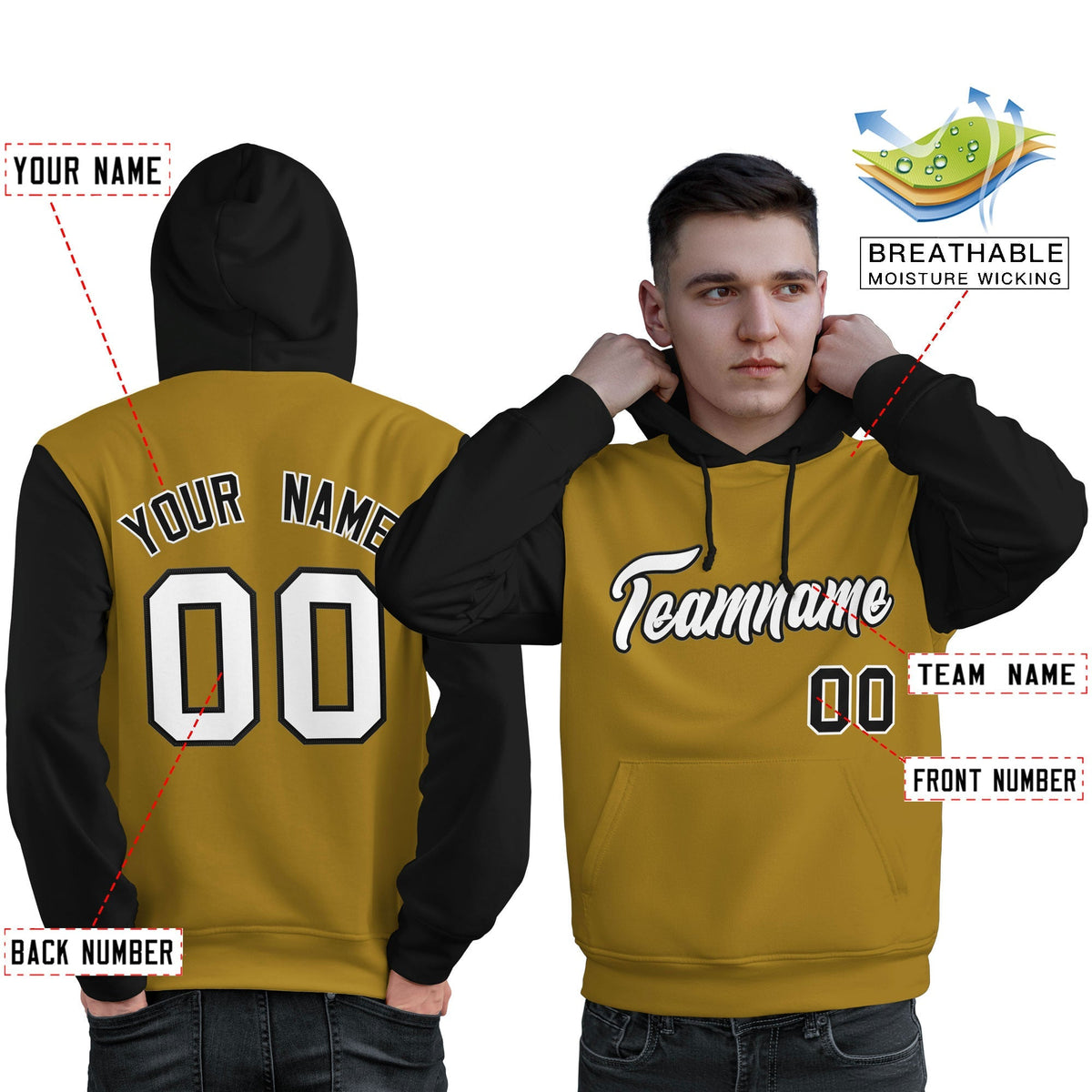 Custom Old Gold White-Black Raglan Sleeves Pullover Personalized Sweatshirt Hoodie| KXKSHOP