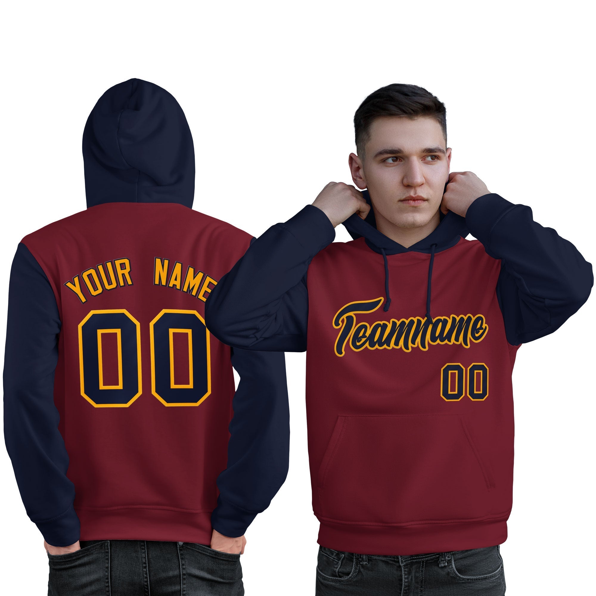 Custom Crimson Navy-Gold Raglan Sleeves Pullover Personalized Sweatshirt Hoodie| KXKSHOP