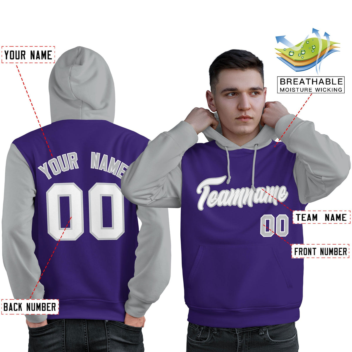 Custom Purple White-Gray Raglan Sleeves Pullover Personalized Sweatshirt Hoodie| KXKSHOP