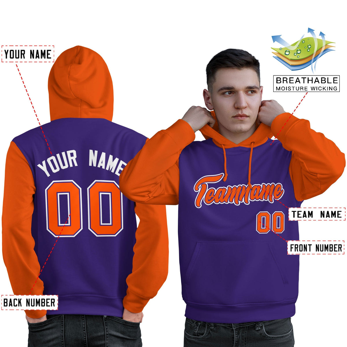 Custom Purple Orange-White Raglan Sleeves Pullover Personalized Sweatshirt Hoodie| KXKSHOP