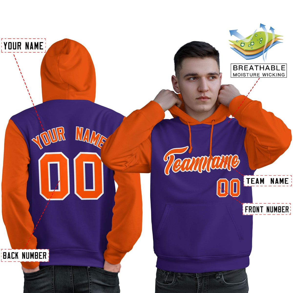 Custom Purple Orange-White Raglan Sleeves Pullover Personalized Sweatshirt Hoodie| KXKSHOP