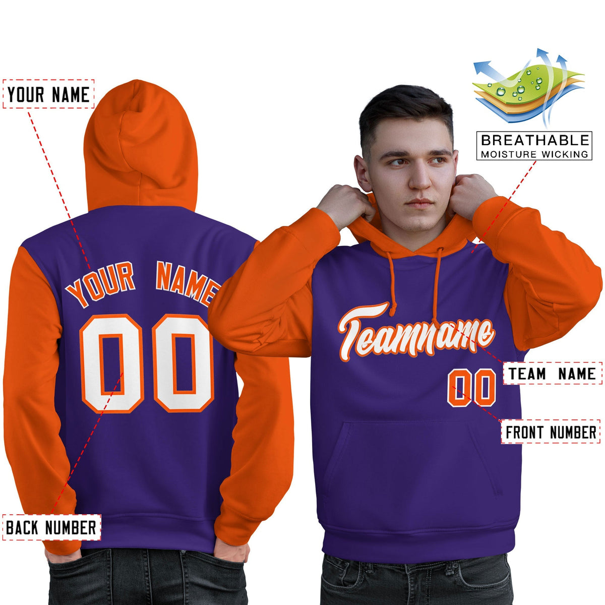 Custom Purple White-Orange Raglan Sleeves Pullover Personalized Sweatshirt Hoodie| KXKSHOP
