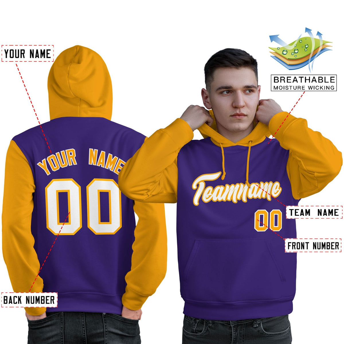 Custom Purple White-Gold Raglan Sleeves Pullover Personalized Sweatshirt Hoodie| KXKSHOP