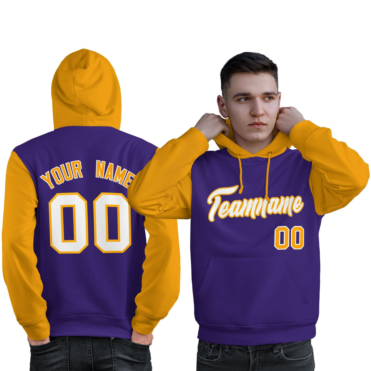 Custom Purple White-Gold Raglan Sleeves Pullover Personalized Sweatshirt Hoodie| KXKSHOP