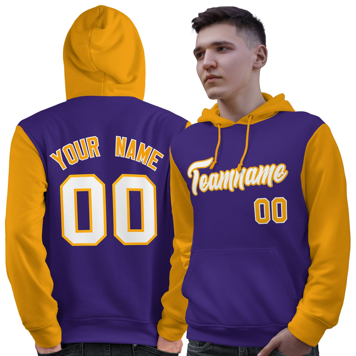 Custom Purple White-Gold Raglan Sleeves Pullover Personalized Sweatshirt Hoodie| KXKSHOP