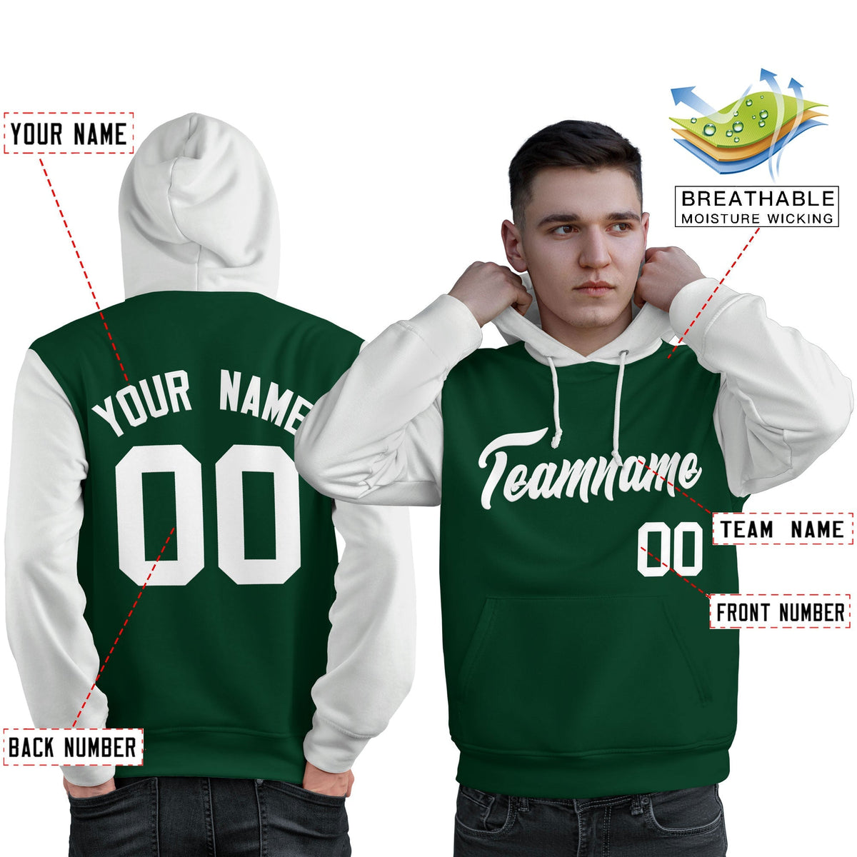 Custom Green White Raglan Sleeves Pullover Personalized Sweatshirt Hoodie| KXKSHOP