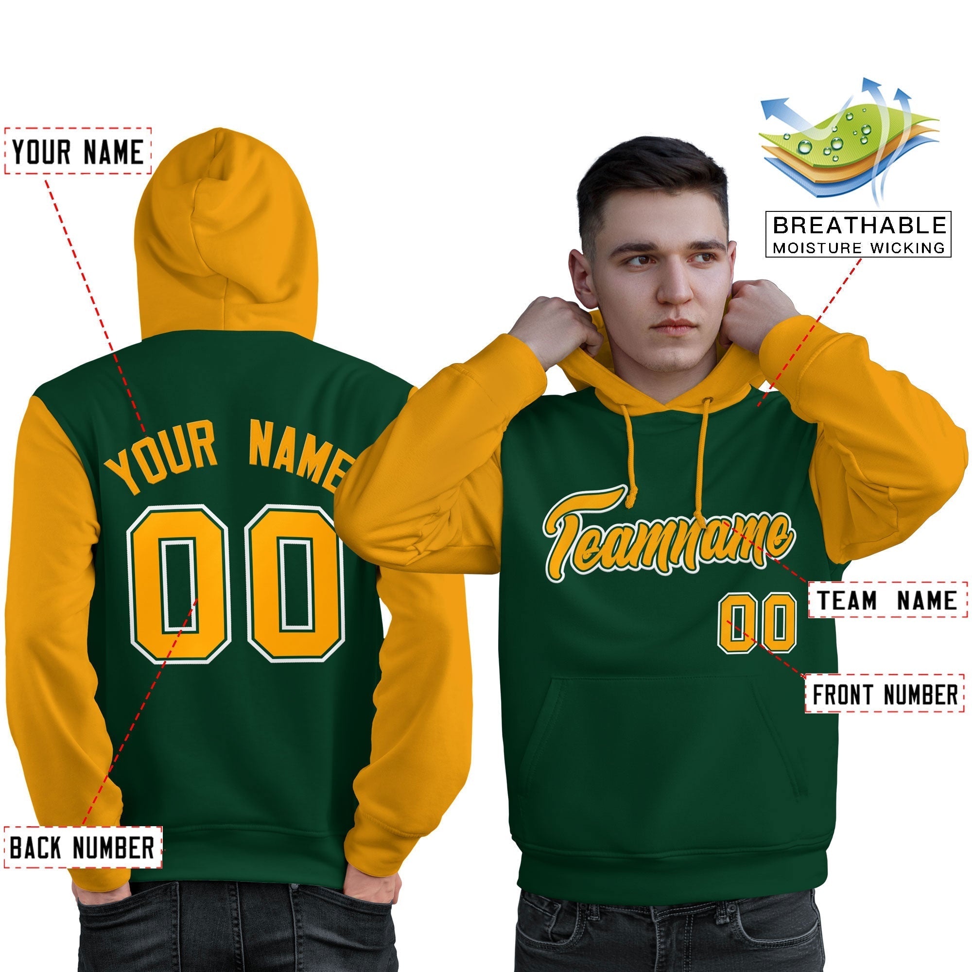 Custom Green Gold-White Raglan Sleeves Pullover Personalized Sweatshirt Hoodie| KXKSHOP