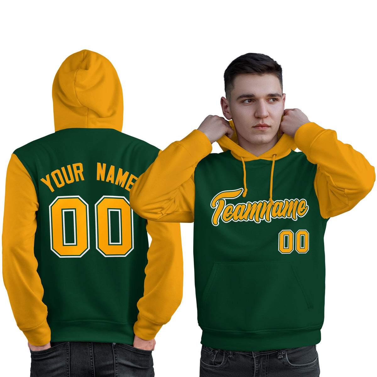 Custom Green Gold-White Raglan Sleeves Pullover Personalized Sweatshirt Hoodie| KXKSHOP