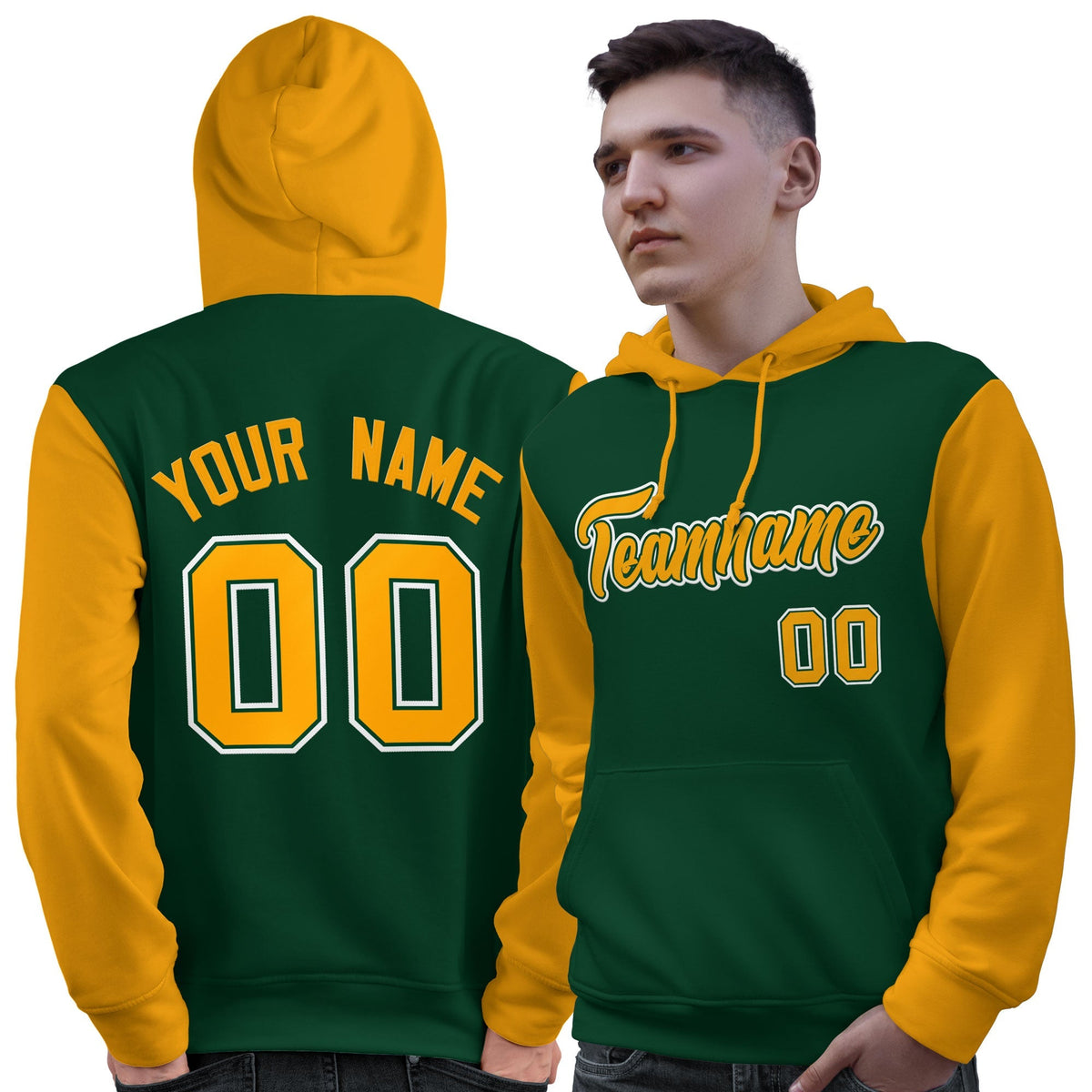 Custom Green Gold-White Raglan Sleeves Pullover Personalized Sweatshirt Hoodie| KXKSHOP