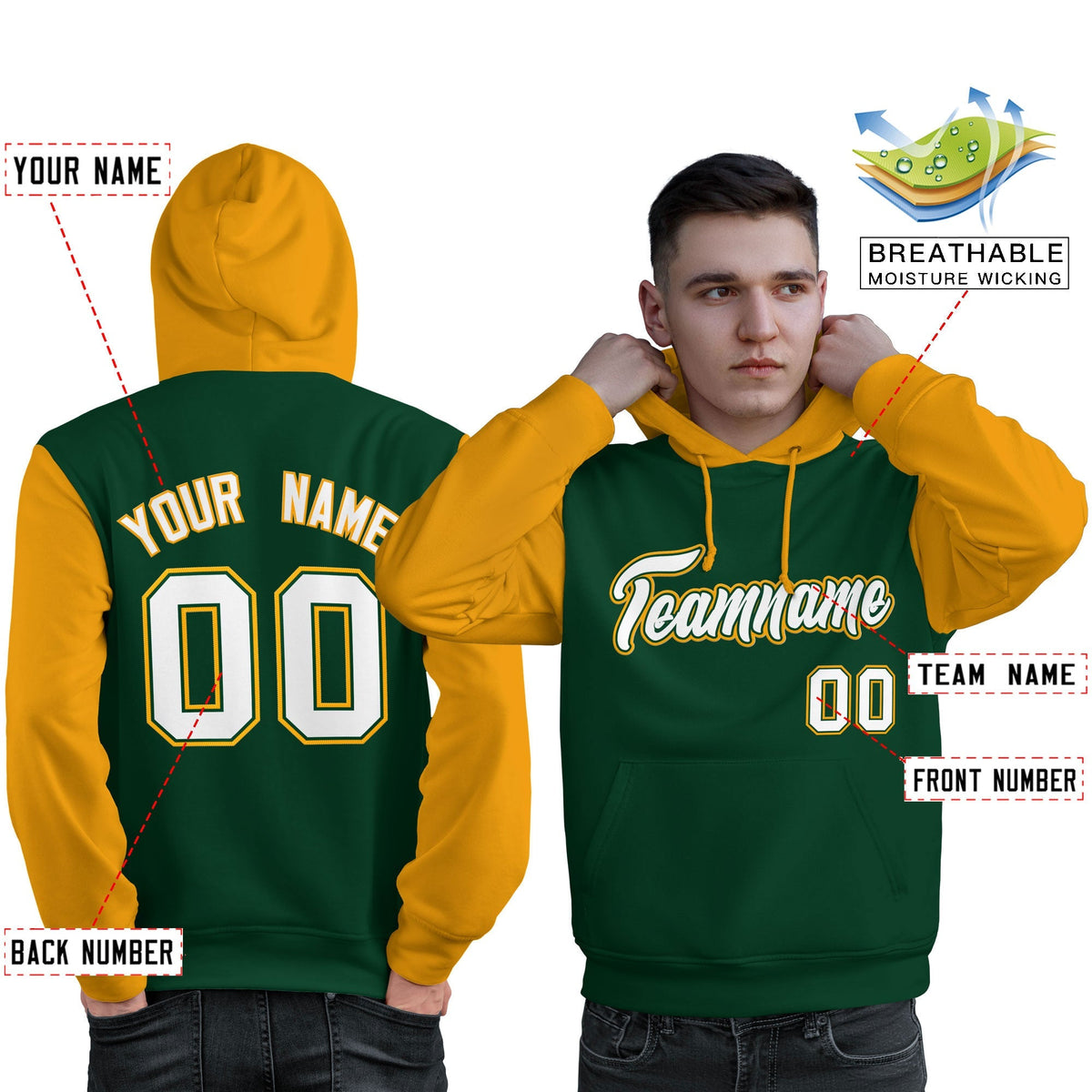 Custom Green White-Gold Raglan Sleeves Pullover Personalized Sweatshirt Hoodie| KXKSHOP